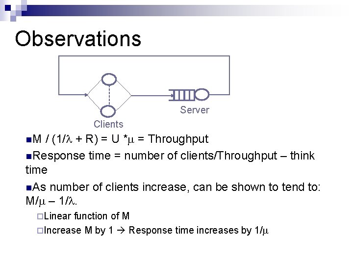 Observations Server Clients n. M / (1/ + R) = U * = Throughput