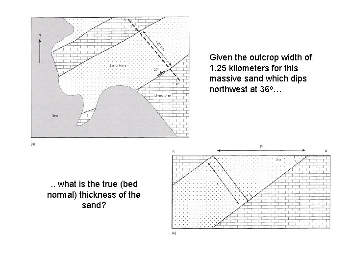 Given the outcrop width of 1. 25 kilometers for this massive sand which dips Given the outcrop width of 1. 25 kilometers for this massive sand which dips