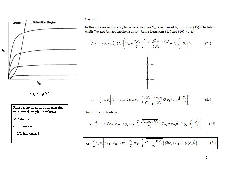 Fig. 4, p 576 Finite slope in saturation part due to channel length modulation Fig. 4, p 576 Finite slope in saturation part due to channel length modulation