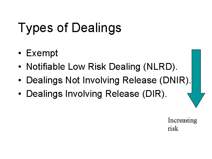 Types of Dealings • • Exempt Notifiable Low Risk Dealing (NLRD). Dealings Not Involving