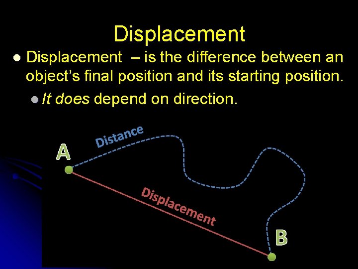 Displacement l Displacement – is the difference between an object’s final position and its