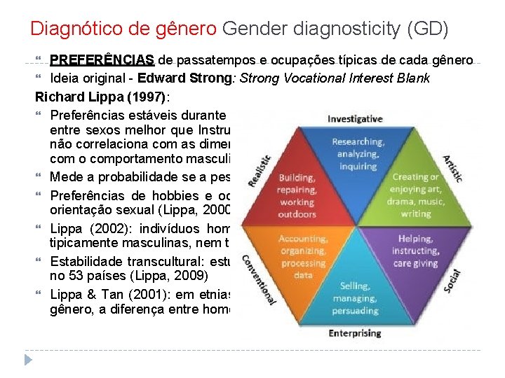 Diagnótico de gênero Gender diagnosticity (GD) PREFERÊNCIAS de passatempos e ocupações típicas de cada