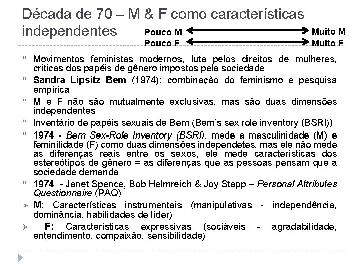 Década de 70 – M & F como características Muito M Pouco M independentes