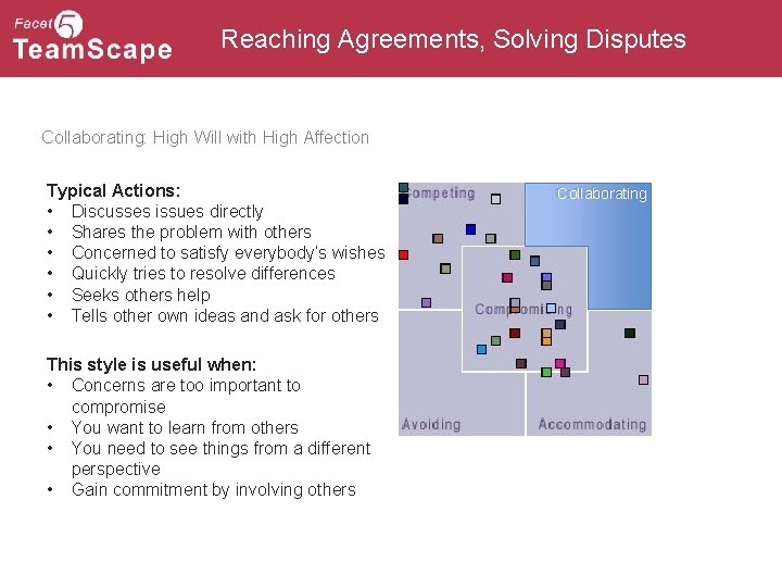 Reaching Agreements, Solving Disputes Collaborating: High Will with High Affection Typical Actions: • Discusses