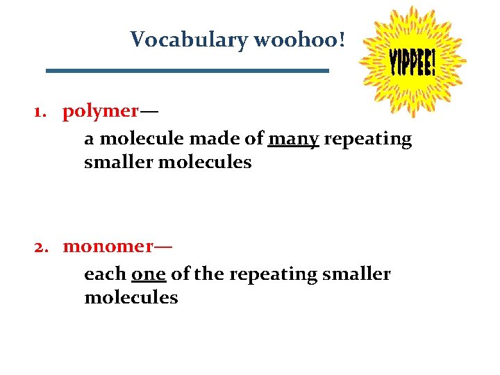 Vocabulary woohoo! 1. polymer— a molecule made of many repeating smaller molecules 2. monomer—