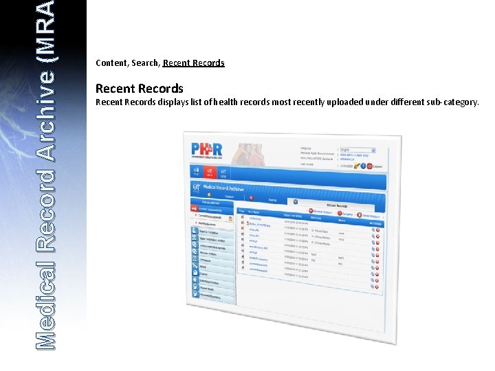 Medical Record Archive (MRA (MR Content, Search, Recent Records displays list of health records