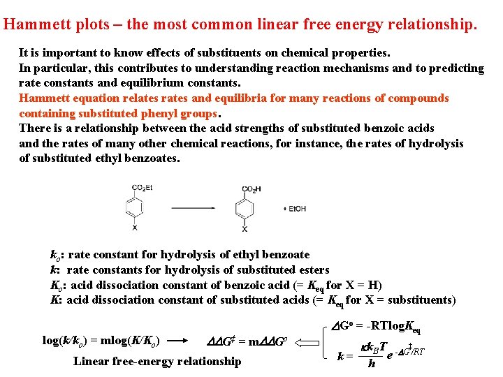 Hammett plots – the most common linear free energy relationship. It is important to