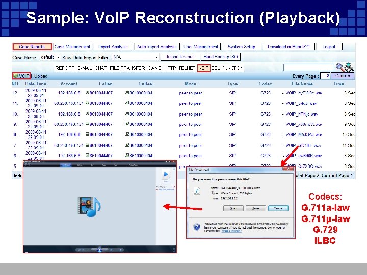 Sample: Vo. IP Reconstruction (Playback) Codecs: G. 711 a-law G. 711µ-law G. 729 ILBC