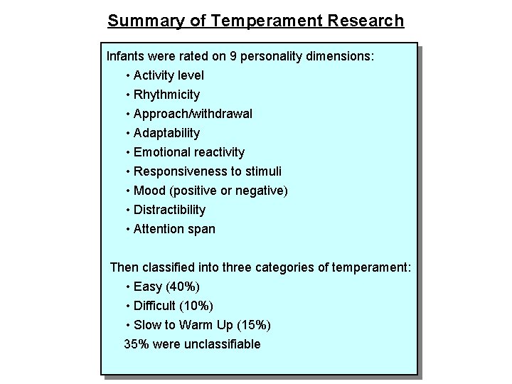Summary of Temperament Research Infants were rated on 9 personality dimensions: • Activity level