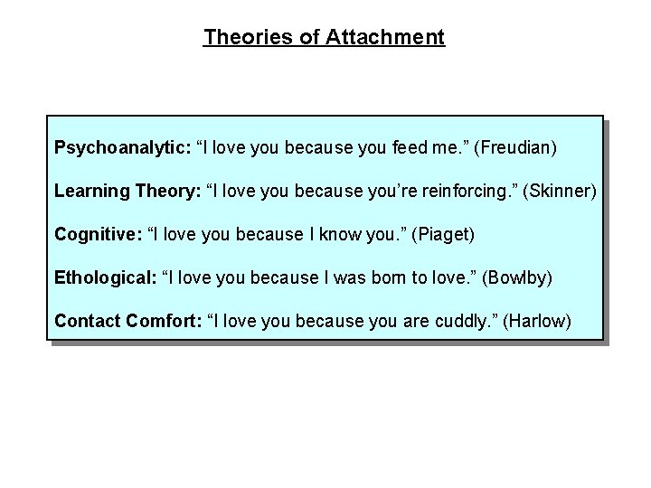 Theories of Attachment Psychoanalytic: “I love you because you feed me. ” (Freudian) Learning