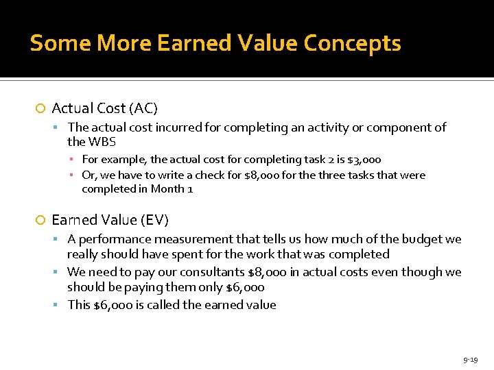 Some More Earned Value Concepts Actual Cost (AC) The actual cost incurred for completing