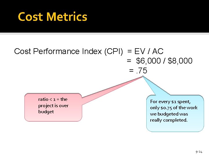 Cost Metrics Cost Performance Index (CPI) = EV / AC = $6, 000 /