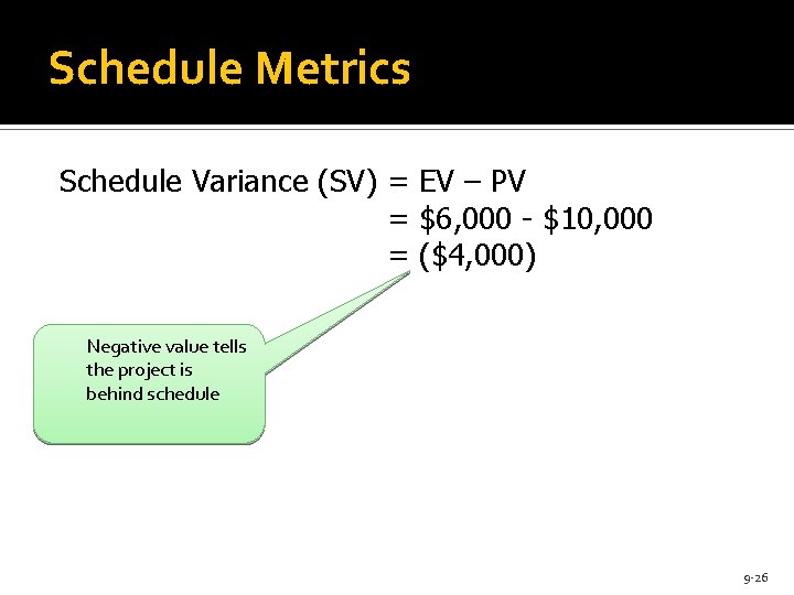 Schedule Metrics Schedule Variance (SV) = EV – PV = $6, 000 - $10,