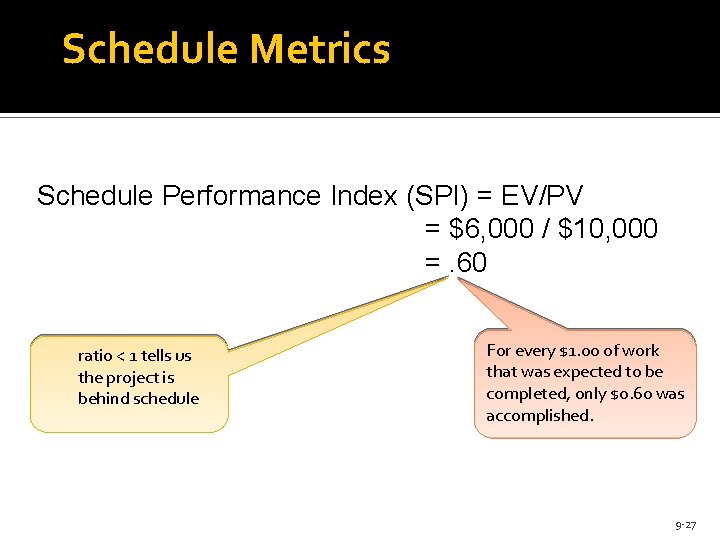 Schedule Metrics Schedule Performance Index (SPI) = EV/PV = $6, 000 / $10, 000