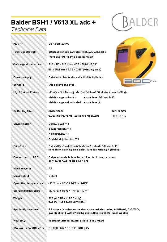 Balder BSH 1 / V 613 XL adc + Technical Data Part N° GZKBSHXLAPO