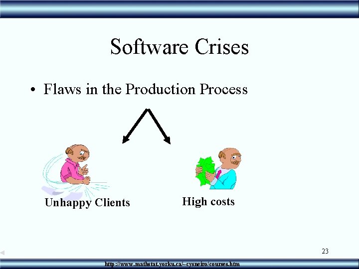 Software Crises • Flaws in the Production Process Unhappy Clients High costs 23 http: