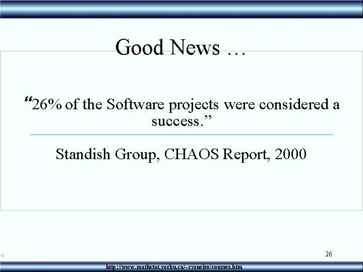 Good News … “ 26% of the Software projects were considered a success. ”