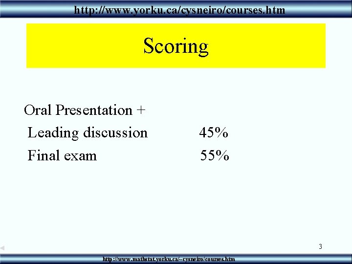 http: //www. yorku. ca/cysneiro/courses. htm Scoring Oral Presentation + Leading discussion 45% Final exam