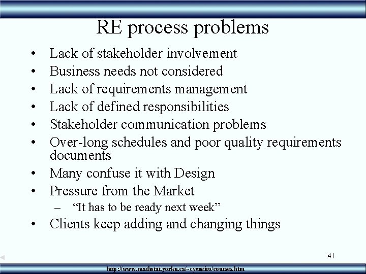 RE process problems • • • Lack of stakeholder involvement Business needs not considered