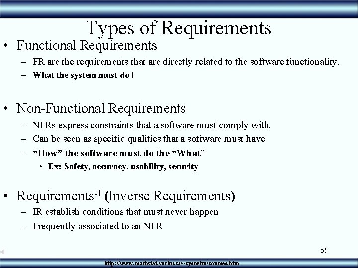 Types of Requirements • Functional Requirements – FR are the requirements that are directly