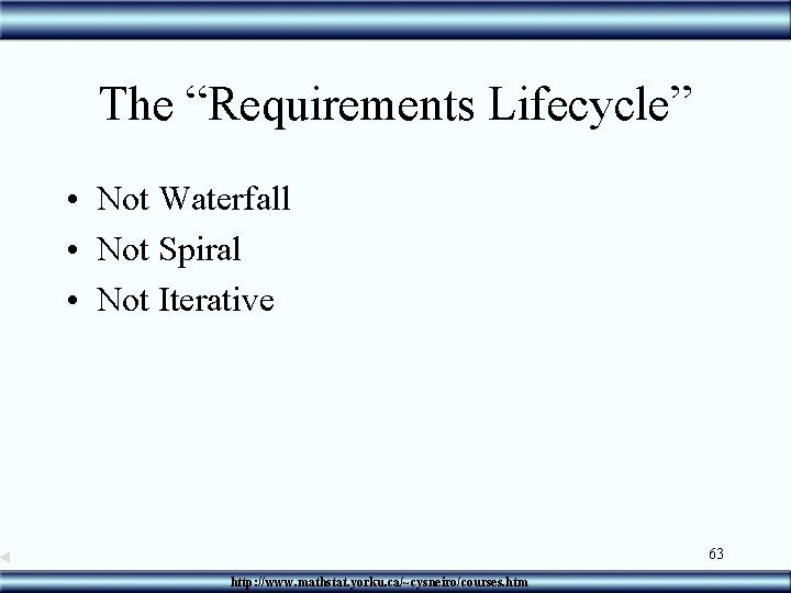 The “Requirements Lifecycle” • Not Waterfall • Not Spiral • Not Iterative 63 http:
