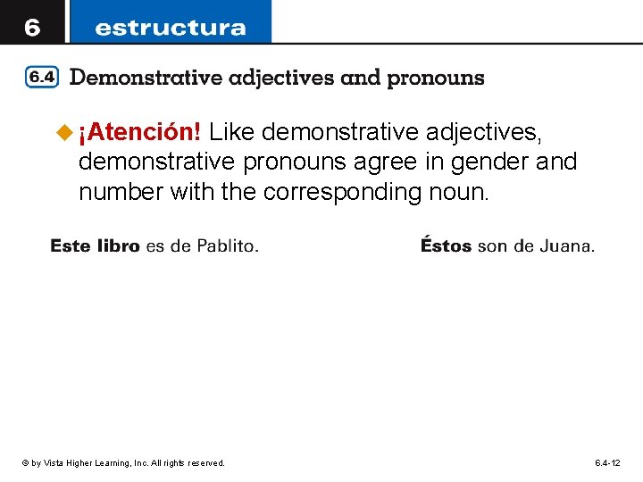 u ¡Atención! Like demonstrative adjectives, demonstrative pronouns agree in gender and number with the