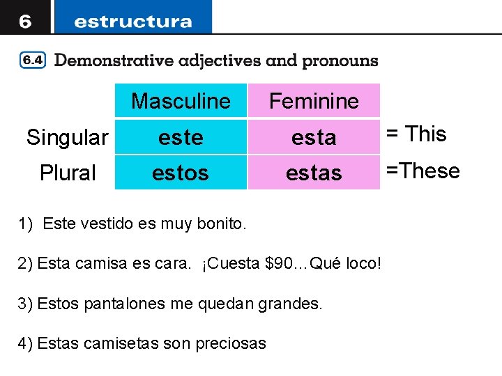 Masculine Feminine Singular este esta = This Plural estos estas =These 1) Este vestido