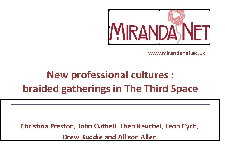 www. mirandanet. ac. uk New professional cultures : braided gatherings in The Third Space