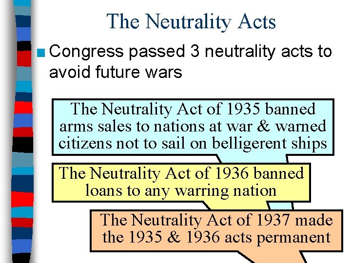 The Neutrality Acts ■ Congress passed 3 neutrality acts to avoid future wars The