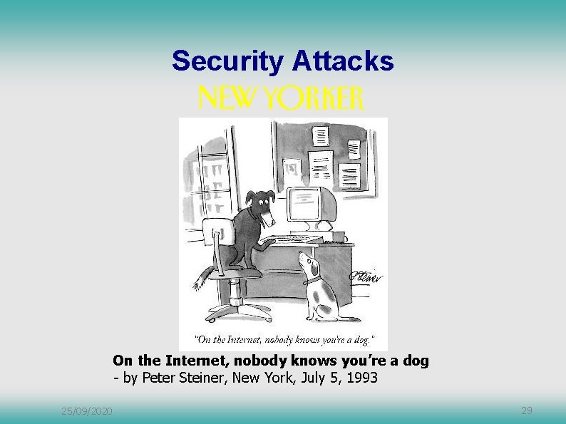 Security Attacks On the Internet, nobody knows you’re a dog - by Peter Steiner,