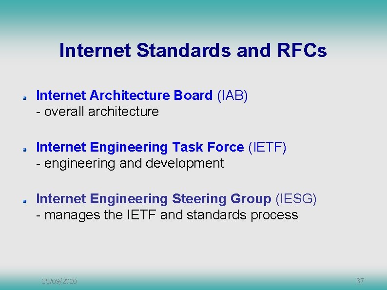 Internet Standards and RFCs Internet Architecture Board (IAB) - overall architecture Internet Engineering Task