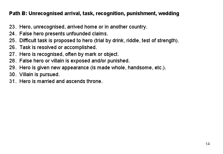 Path B: Unrecognised arrival, task, recognition, punishment, wedding 23. 24. 25. 26. 27. 28. Path B: Unrecognised arrival, task, recognition, punishment, wedding 23. 24. 25. 26. 27. 28.