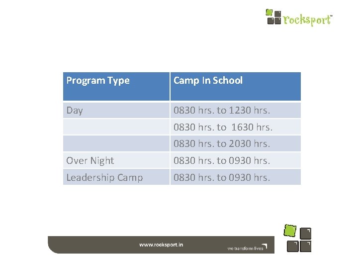 Program Type Camp In School Day 0830 hrs. to 1230 hrs. 0830 hrs. to