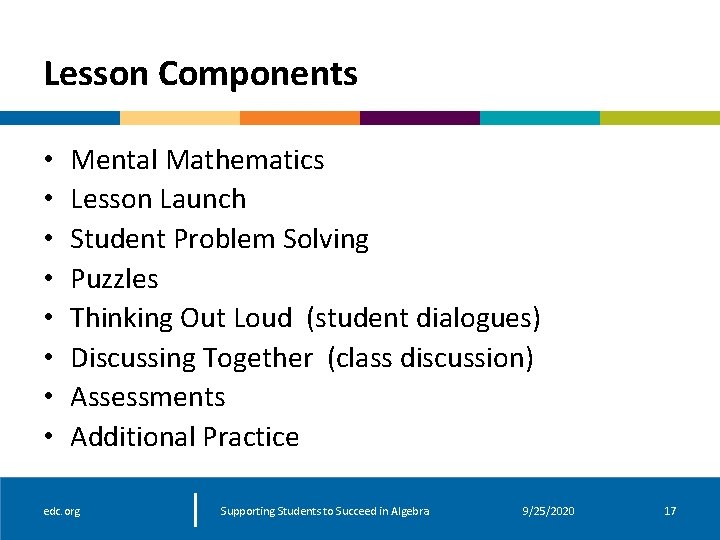 Lesson Components • • Mental Mathematics Lesson Launch Student Problem Solving Puzzles Thinking Out Lesson Components • • Mental Mathematics Lesson Launch Student Problem Solving Puzzles Thinking Out