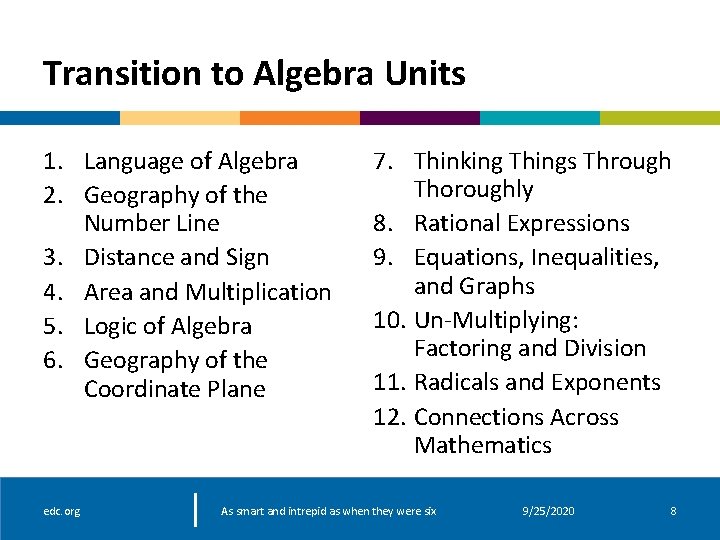 Transition to Algebra Units 1. Language of Algebra 2. Geography of the Number Line Transition to Algebra Units 1. Language of Algebra 2. Geography of the Number Line