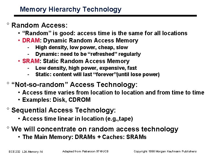 Memory Hierarchy Technology ° Random Access: • “Random” is good: access time is the Memory Hierarchy Technology ° Random Access: • “Random” is good: access time is the