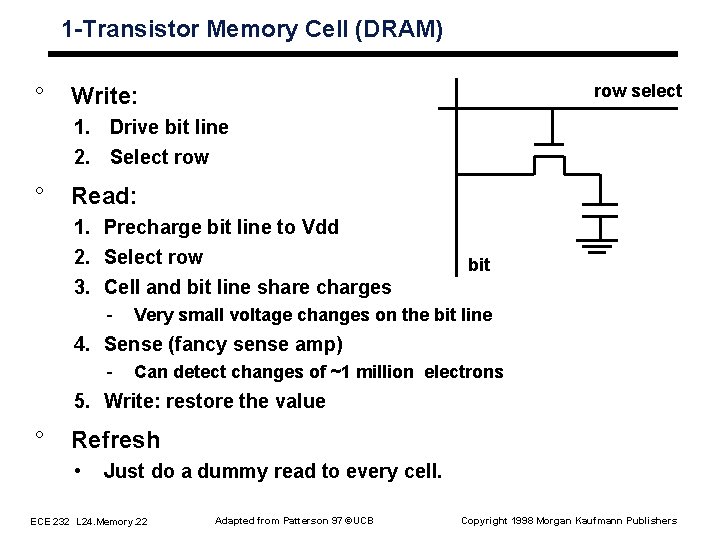1 Transistor Memory Cell (DRAM) ° row select Write: 1. Drive bit line 2. 1 Transistor Memory Cell (DRAM) ° row select Write: 1. Drive bit line 2.