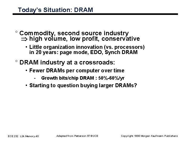 Today’s Situation: DRAM ° Commodity, second source industry Þ high volume, low profit, conservative Today’s Situation: DRAM ° Commodity, second source industry Þ high volume, low profit, conservative