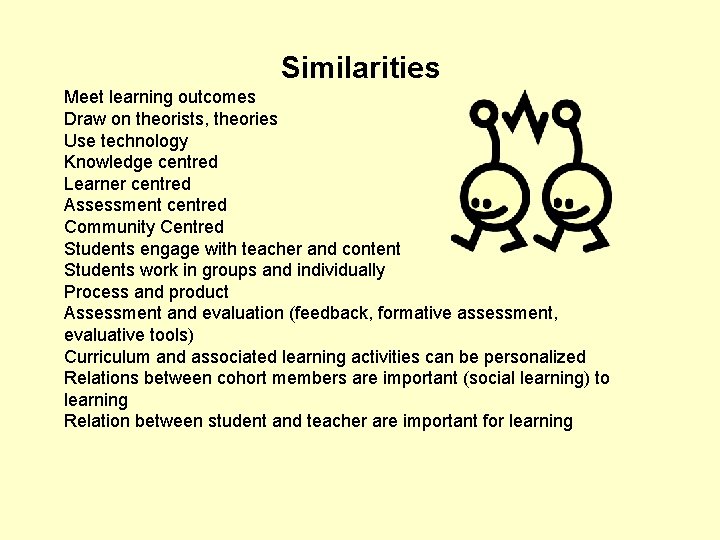 Similarities Meet learning outcomes Draw on theorists, theories Use technology Knowledge centred Learner centred
