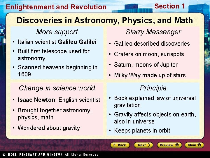 Enlightenment and Revolution Section 1 Discoveries in Astronomy, Physics, and Math More support Starry