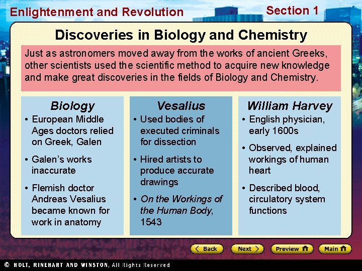 Enlightenment and Revolution Section 1 Discoveries in Biology and Chemistry Just as astronomers moved