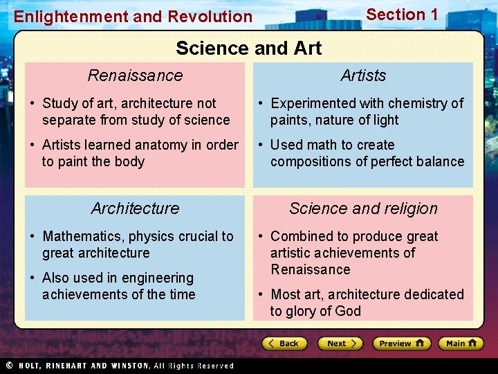 Section 1 Enlightenment and Revolution Science and Art Renaissance Artists • Study of art,