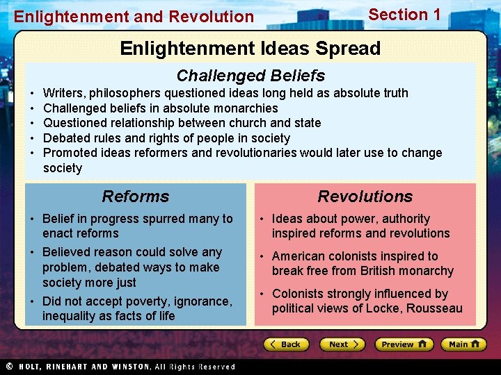 Section 1 Enlightenment and Revolution Enlightenment Ideas Spread Challenged Beliefs • • • Writers,