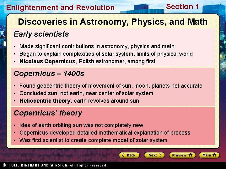 Enlightenment and Revolution Section 1 Discoveries in Astronomy, Physics, and Math Early scientists •