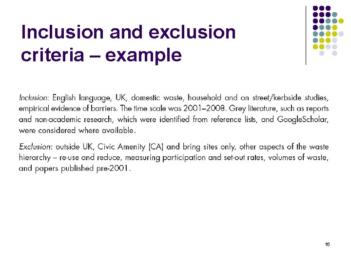 Inclusion and exclusion criteria – example 16 