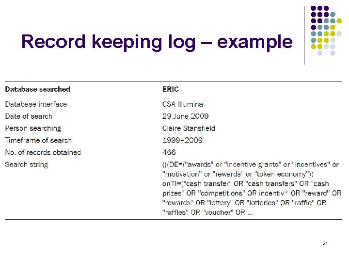 Record keeping log – example 21 