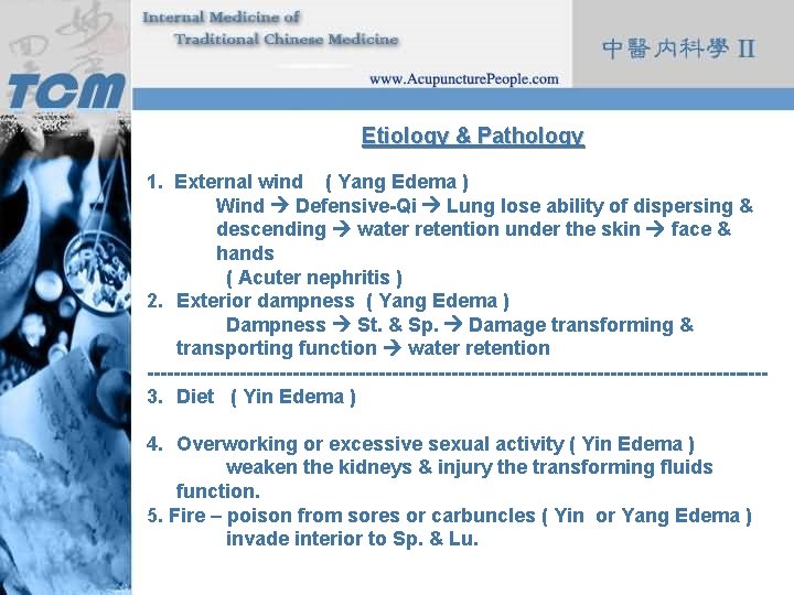 Etiology & Pathology 1. External wind ( Yang Edema ) Wind Defensive-Qi Lung lose
