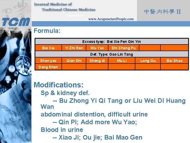 Formula: Excess tyep: Bei Xie Fen Qin Yin Bei Xie Yi Zhi Ren Wu