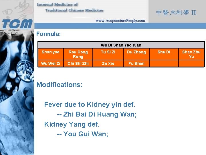 Formula: Wu Bi Shan Yao Wan Shan yao Rou Cong Rong Tu Si Zi