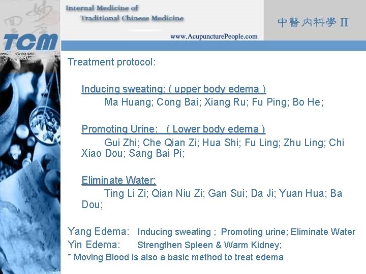 Treatment protocol: Inducing sweating: ( upper body edema ) Ma Huang; Cong Bai; Xiang